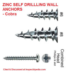 Cobra self drilling zinc wall anchor cited & discussed at InspectApedia.com