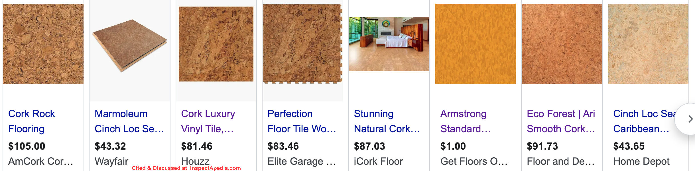 Currently-available cork pattern floor tiles made of vinyl - cited & discussed at InspectApedia.com