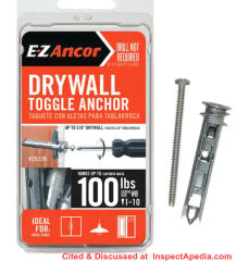 E-Z Ancor drywall toggle anchors cited & discussed at Inspectapedia.com