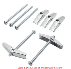 Drywall anchors - toggle bolts from Everbilt - cited & discussed at InspectApedia.com