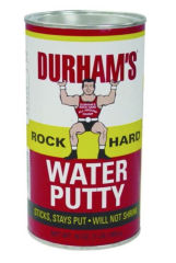 Duraham's water putty used to repair Homasote, NuWood, other soft fiberboard panels used indoors - cited & discussed at InspectApedia.com