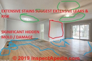 Extensive stains suggest a history of building leaks & risk hidden mold or damage (C) InspectApedia.com CH