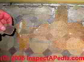 PHOTO of interior floor covering, pre-vinyl, probably linocrusta with burlap fabric backing, Justin Morrill House, Vermont, ca 1845 - 1900