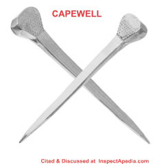 Capewell horseshoe nail identification - cited & discussed at InspectApedia.com