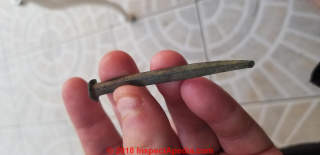 Machine made nail found in Jamaica (C) InspectApedia.com David