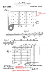 Kane peforated reinforced plaster board US Patent No. 1003754, from 1910 cited & discussed at InspectApedia.com