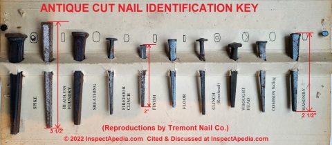 Antique nail identification key using Tremont Nail Co. Examples (C) cited & discussed at InpectApedia.com