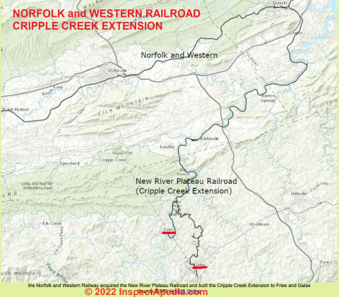 Norfolk & Western Railroad Cripple Creek Extension map - cited & discussed at InspectApedia.com