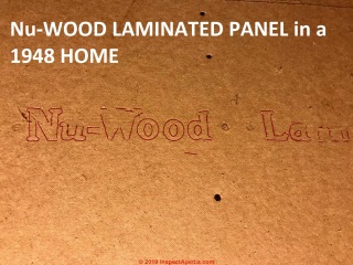 Nu-Wood laminated wood fiber panel from an 1948 home (C) InspectApedia.com Judy