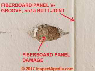 Gouged Nu-Wood fiberboard panel repair (C) InspectApedia BJ