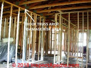 Roof truss framing showing where rising or arching roof truss damage is likely to occur - above an interior partition wall at right angles to the truss bottom chord (C) InspectApedia.com