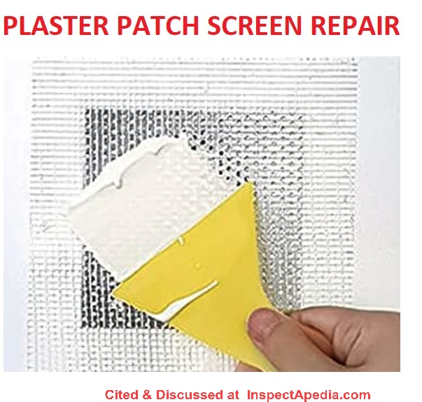 Aluminum mesh screen plaster (or drywall) hole patch kit from Tuzazo cited & discussed at InspectApedia.com