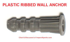 Plastic ribbed wall anchor installation & capacity -Midwest cited & discussed at InspectApedia.com