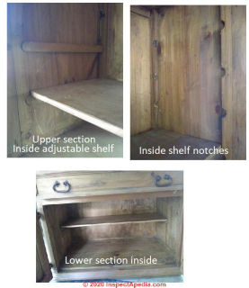 "Antique' armoire interior, shelf details (C) InspectApedia.com Barbara