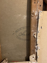 Sackett board trademark stamp on plasterboard, showing dates in 1892, 1912 and 1916? (C) InspectApedia.com  Fink
