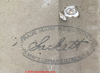 Sackett board trademark stamp on plasterboard, showing dates in 1892, 1912 and 1916? (C) InspectApedia.com  Fink