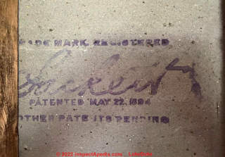 Sacket board trademark stamp for May 22 1894 in a Connecticut Home (C) InspectApedia.com LukeDuke