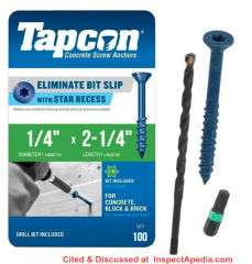 Tapcon screws for use in concrete block or brick - cited & discussed at InspectApedia.com