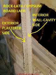 Rock lath or gypsum board lath cut-out section showing cross sections of materials (C) Daniel Friedman at InspectApedia.com