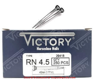 Victory brand modern horseshoe nails cited & discussed at InspectApedia.com