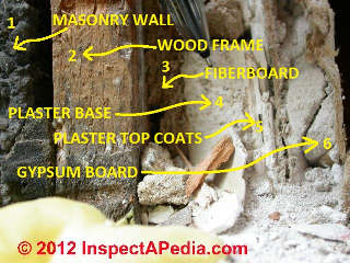 Wall test cut shows construction © D Friedman at InspectApedia.com 