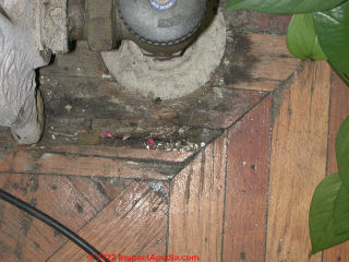 Water damaged parquet flooring  - radiator leak (C) Daniel Friedman at InspectApedia.ccom
