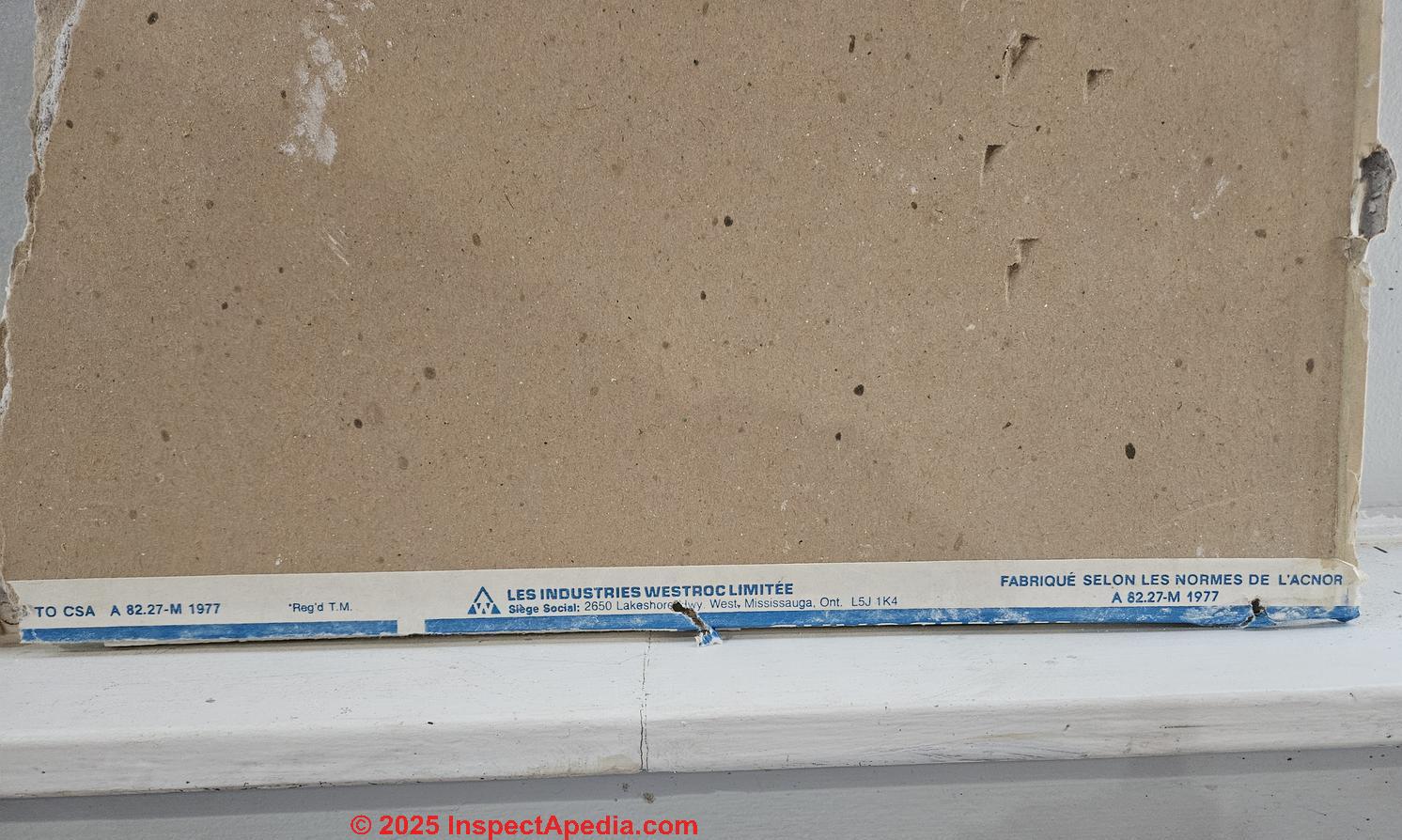 Canadian Westroc drywall in a 1988 home in Mision B.C., Westroc Ltd 1977 A 82.27-m (C) InspectApedia.com Rachelle