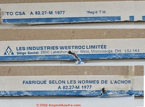 Canadian Westroc drywall in a 1988 home in Mision B.C., Westroc Ltd 1977 A 82.27-m (C) InspectApedia.com Rachelle
