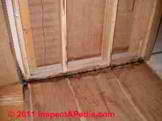 Leaks & mold growth in wall cavity, modular home exposed to rain during delivery © D Friedman at InspectApedia.com 