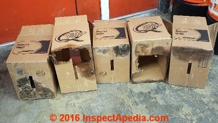 Mold on cardboard boxes in a wet basement (C) InspectApedia.com EMW