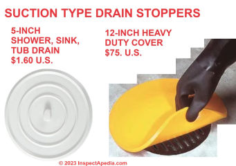 Rubber or silicone floor, sink, tub or shower drain covers or seals - sink tub shower suction stoppers - cited & discussed at InspectApedia.com