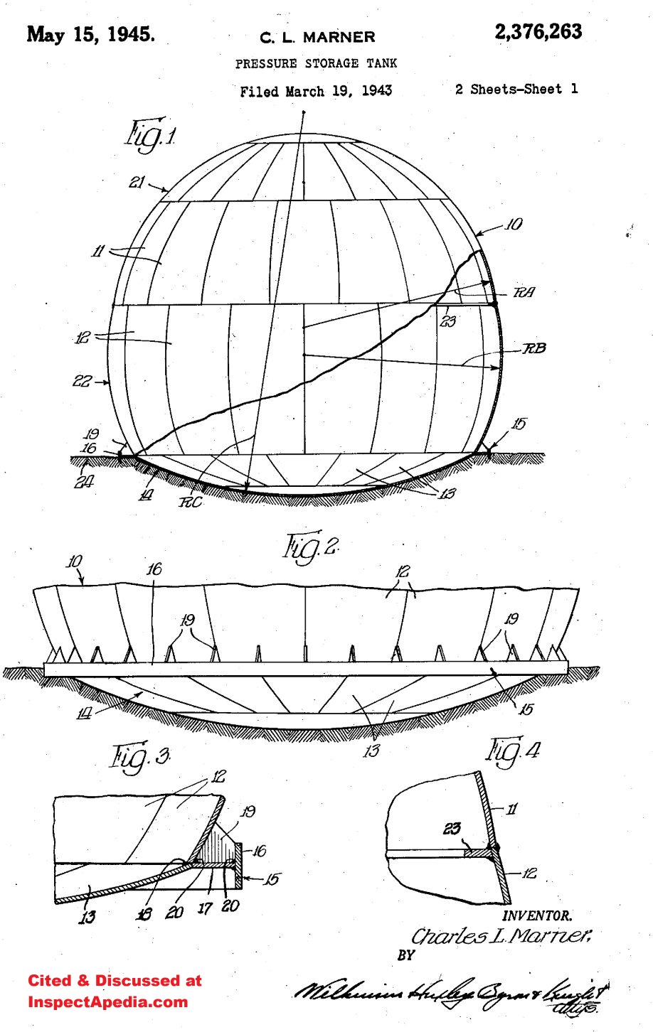 Marner spherical Pressure storage tank. U.S. Patent 2,376,263 cited & discussed at InspectApedia