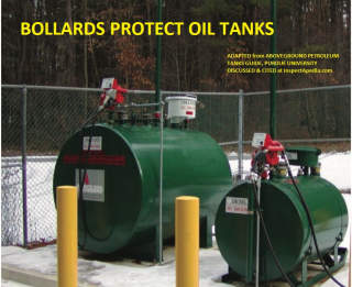 Yellow bollards protect these oil tanks from being hit by a vehicle - adapted from Purdue University's Aboveground Petroleum Tanks guide cited & discussed at InspectApedia.com