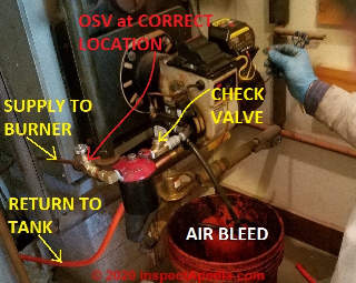 Oil lines connected to oil burner, ready to bleed air from the system (C) Daniel Friedman at InspectApedia.com