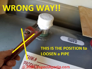 Wrong position of the pipe wrench if you are trying to tighten a pipe (C) Daniel Friedman at InspectApedia.com
