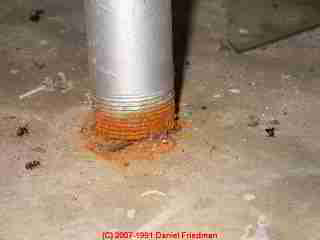 Photograph of rusty oil tank supporting leg, indicating a history of basement water entry