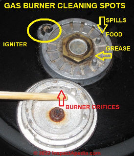 Spots to clean on a stovetop gas burner that is not working properly (C) Daniel Friedman at InspectApedia.com