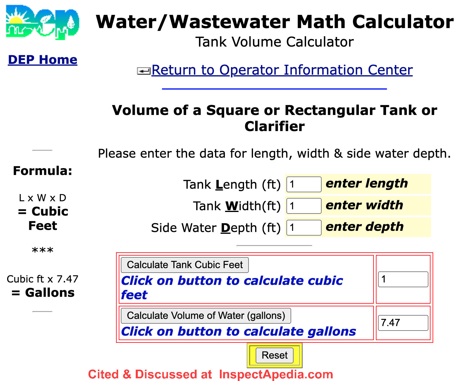 PA DOS water math calculator demonstrates that 1 cubic foot of water is 7.47 gallons - cited & discussed at InspectApedia.com
