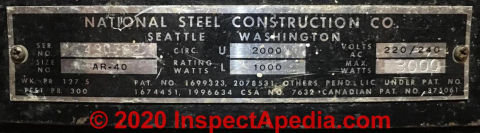National Steel Construction water heater age from the 1950s (C) InspectApedia.com Todd