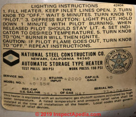 National Steel Construction Co. water heater data tag from 1973 (C) InspectApedia.com KatieB