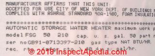 A.O Smith water heater data tag (C) Daniel Friedman InspectApedia.com