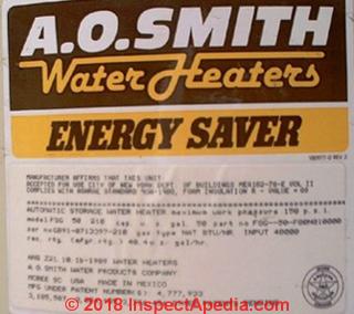 A.O Smith water heater data tag (C) Daniel Friedman InspectApedia.com