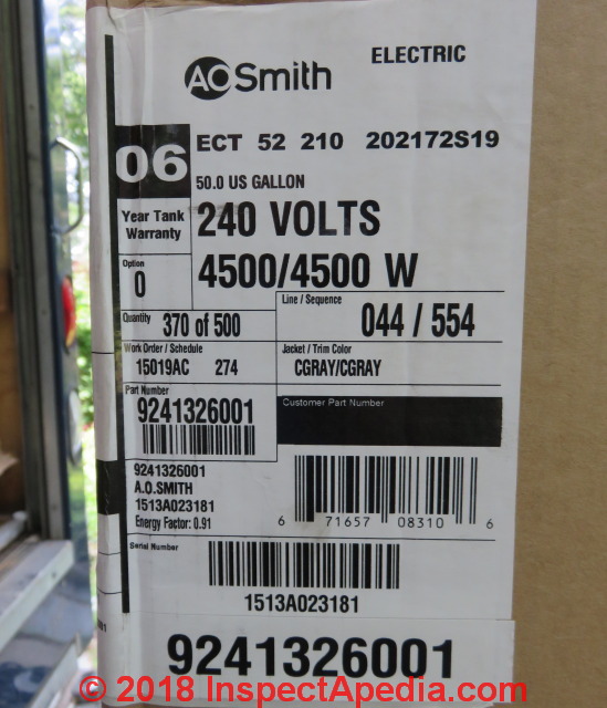 Ao Smith 50 Gallon 4500 Watt Electric Water Heater Wiring Diagram from inspectapedia.com