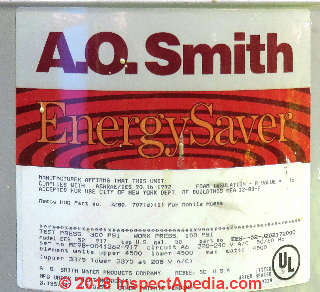 Data tag for a new AO Smith electric water heater giving serial number, model, age, other information (C) Daniel Friedman at InspectApediia.com