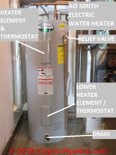 Electric water heater controls (C) Daniel Friedman at InspectApedia.com