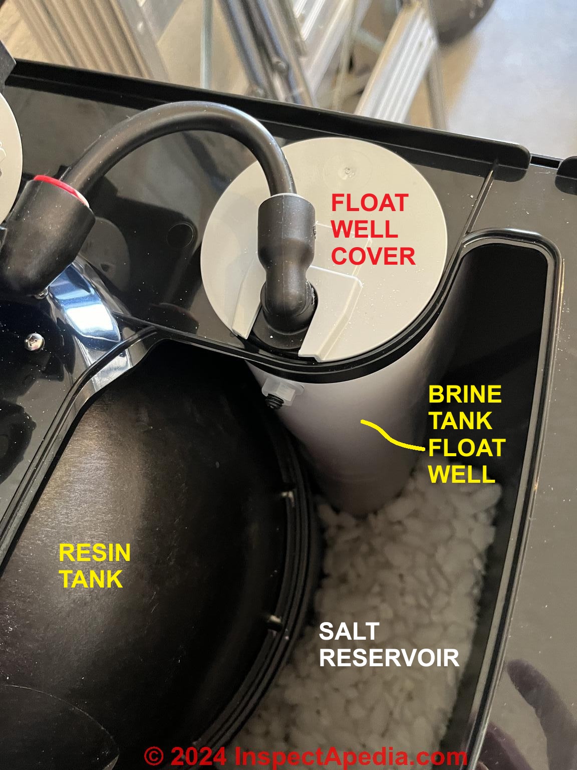 AO Smith 350 C water softener with brine tank cover removed (C) InspectApedia.com Jerry