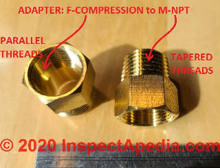 Female compression thread 1/2" x Male NPT thread 1/2" adapter used to connect a Rheem tankless water heater (C) Daniel Friedman at InspectApedia.com