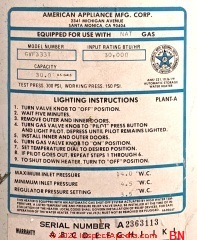Older American Appliance Mfg. Corp. gas water heater serial number decoder (C) InspectApedia.com BN