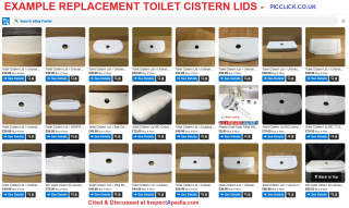 Assorted toilet cistern tops (tank tops) replacement sold online by a UK vendor cited & discussed at InspectApedia.com picclick.co.ul