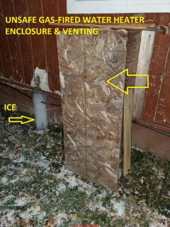 Gas fueled water heater safety inspection: icing suggests condensation that may mean flue gas hazards (C) InspectApedia.com Cassy